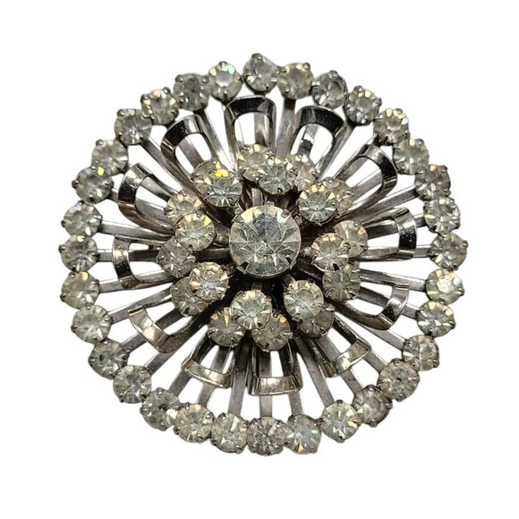 Atomic Starburst Brooch 1950s Unsigned Vintage Prong Set Diamamte Silver Tone - Picture 1 of 6